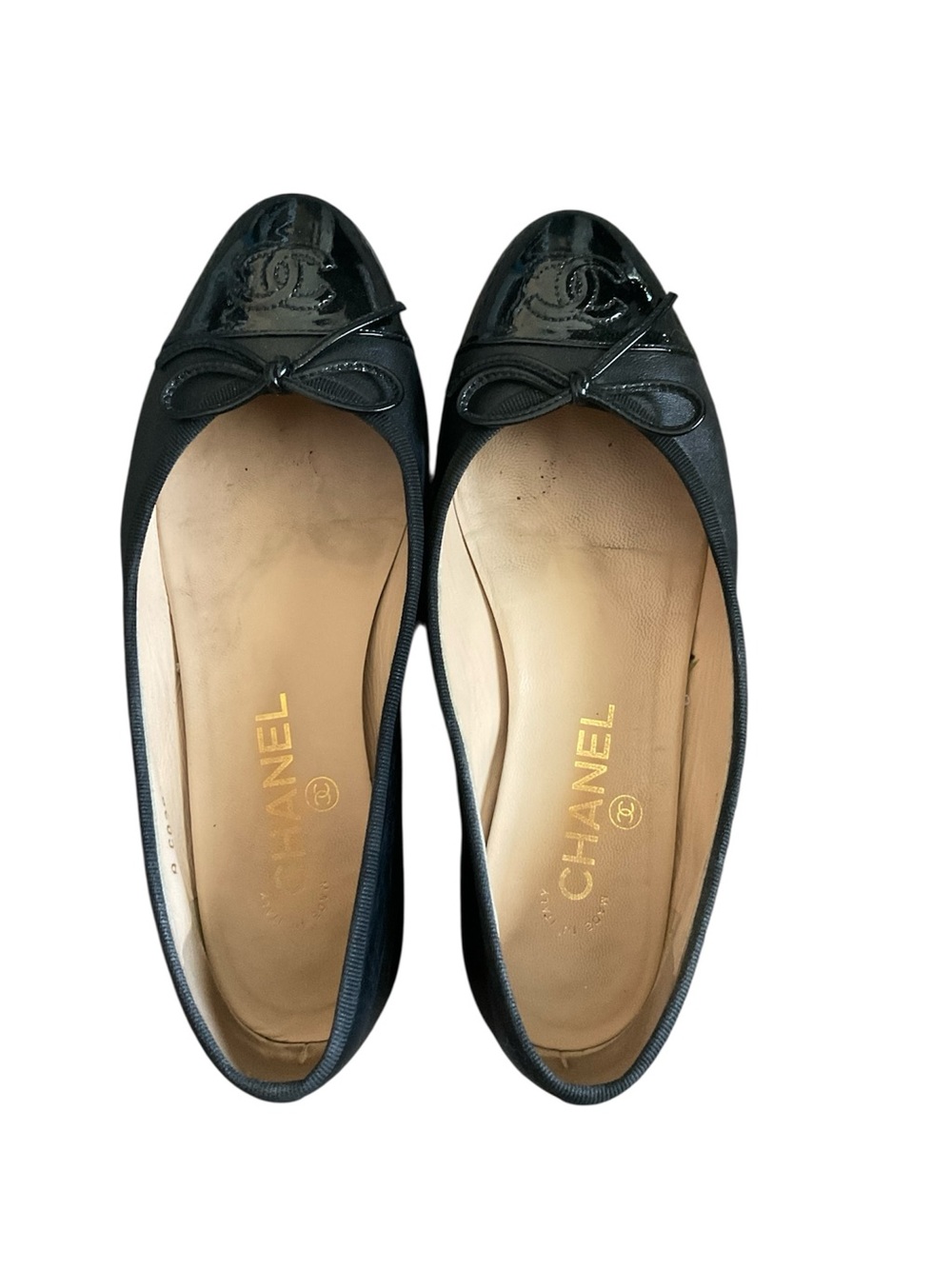 CHANEL Black Patent Cap-Toe Bow Ballet Flats